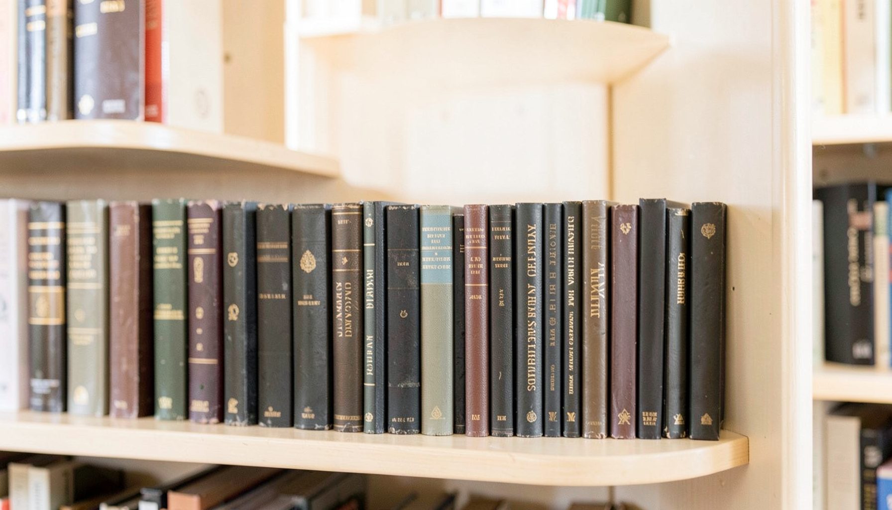 Prateleira de livros com lombadas escuras e douradas, iluminada por luz suave e quente, atmosfera aconchegante de biblioteca.