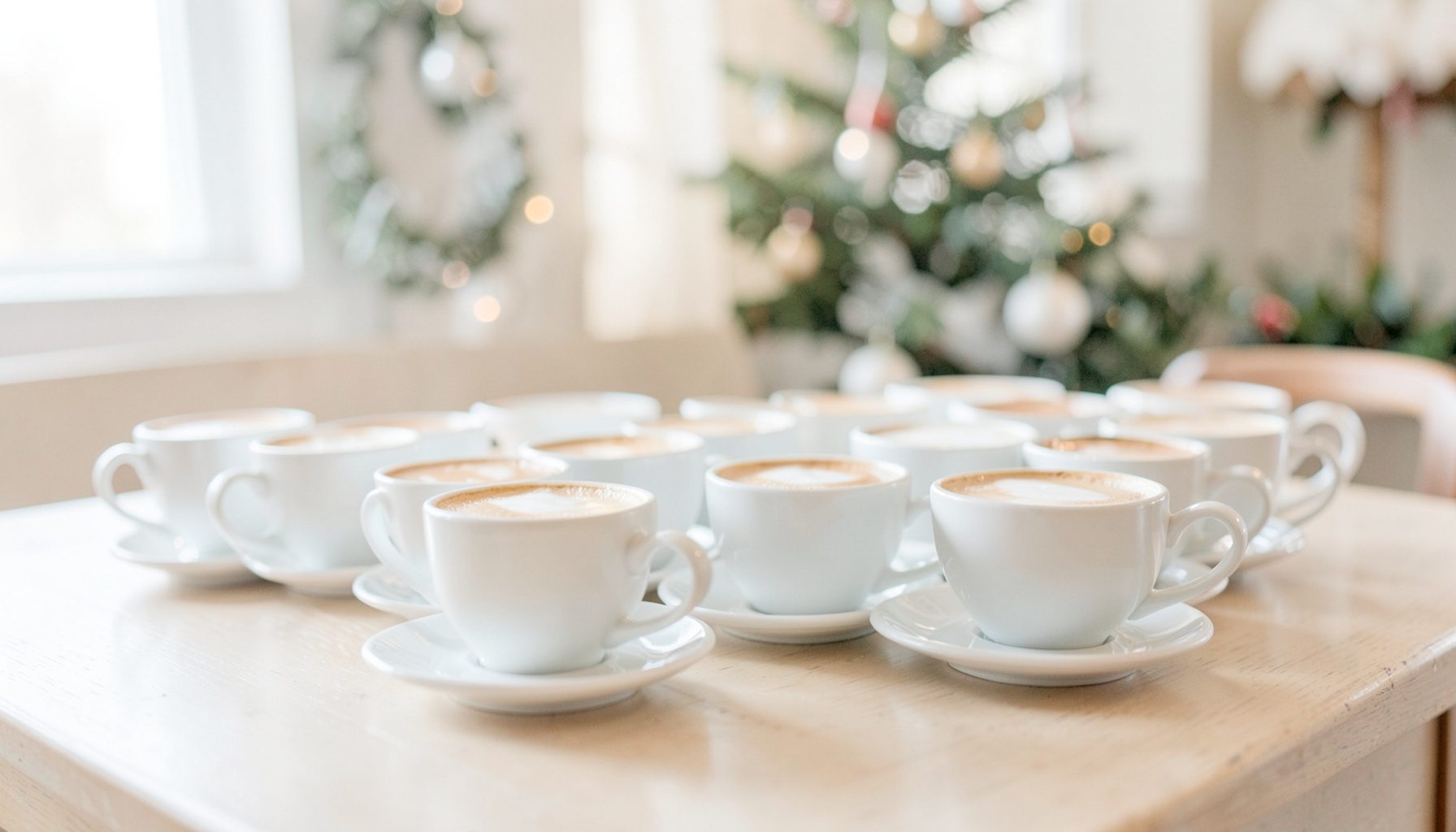 Mesa de cafeteria com várias xícaras de cappuccino enfileiradas, decoração natalina discreta ao fundo, atmosfera aconchegante